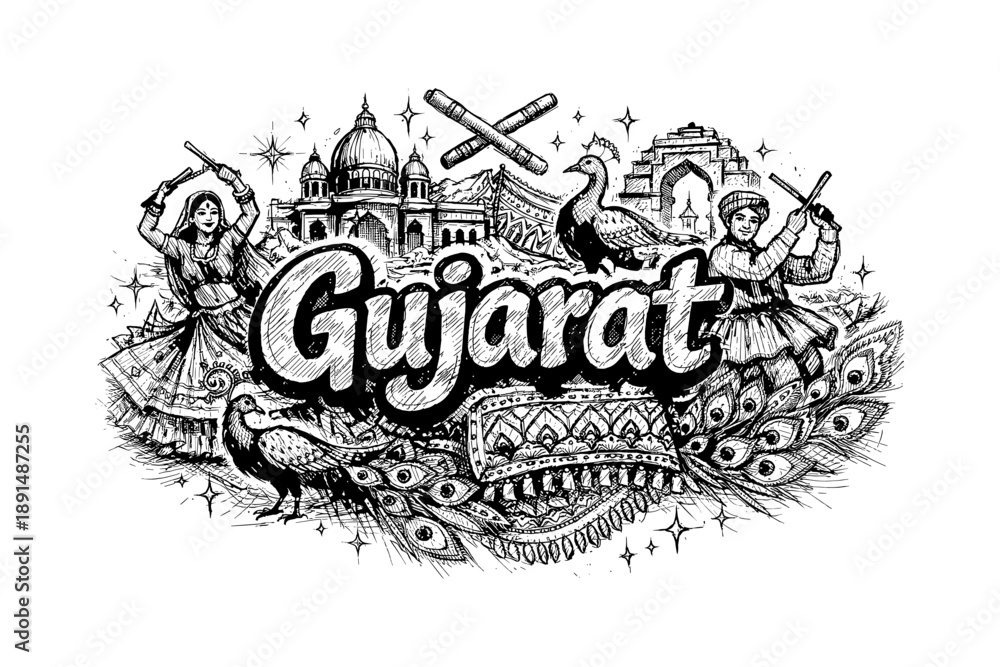 Obraz premium Gujarat culture and dance celebration: traditional indian art in black and white