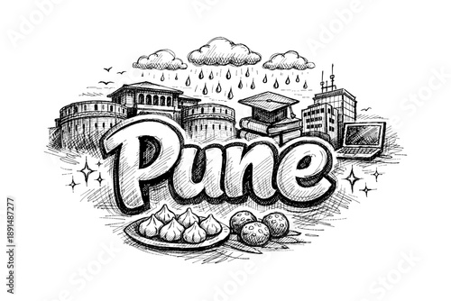 Pune sketch art: culture, landmarks, and culinary delights in detailed ink style