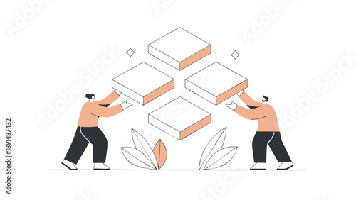 Flat vector illustration of four startup employees arranging blocks in a pyramid shape together