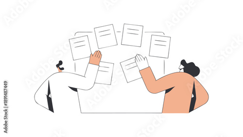 Two coworkers brainstorming ideas with papers on a table in a modern office setting