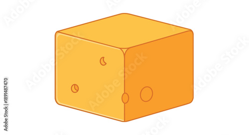 A simple stylized illustration of a vibrant yellow cheese cube with distinctive irregular holes, presenting a delightful and appetizing dairy food