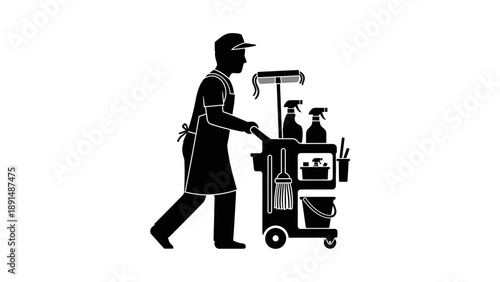 Silhouette of a Cleaning Service Worker Pushing a Cart.