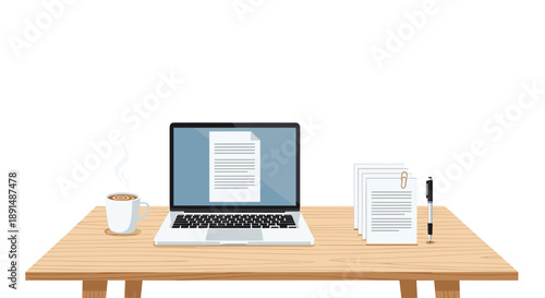 Modern Office Workspace with Laptop Computer Steaming Coffee Cup and Paperwork on a Light Wooden Desk Surface