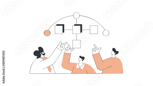 Three innovators collaborating on a creative project with a flowchart brainstorming ideas together