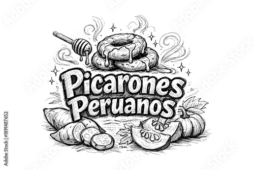 Artistic sketch of traditional peruvian picarones with sweet ingredients