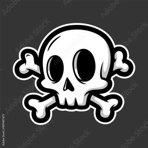 Cartoon Skull and Crossbones Illustration Featuring a Stylized Skull with Crossed Bones Against a Dark Grey Background