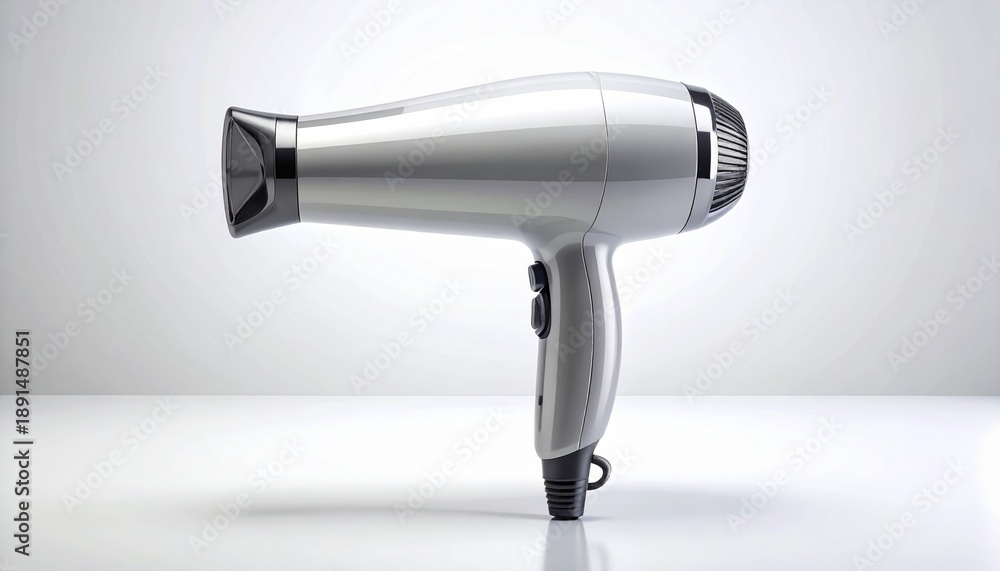 Fototapeta premium Modern silver hair dryer with multiple heat and speed settings, a professional hairdressing tool for styling and beauty care, isolated on a clean, reflective white background in a studio shot.
