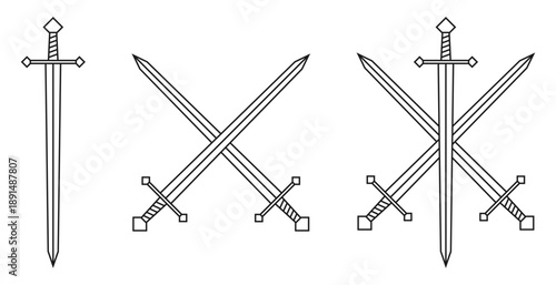Sword vector illustration collection. Swords crossed set. Military or heraldry icon symbol. Protection and security sign. Medieval or knight weapon. Fantasy longsword fencing symbol.