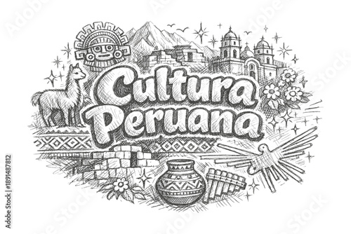 Celebrating peruvian culture: traditional symbols and iconic landmarks in sketch style