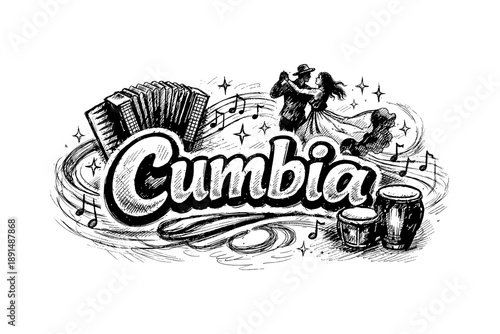 Dynamic cumbia dance with accordions and drums in sketch style