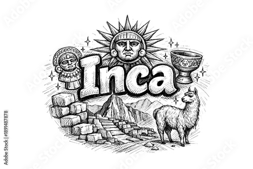 Inca culture design: sun god, machu picchu, llama and ancient symbols in hand drawn style