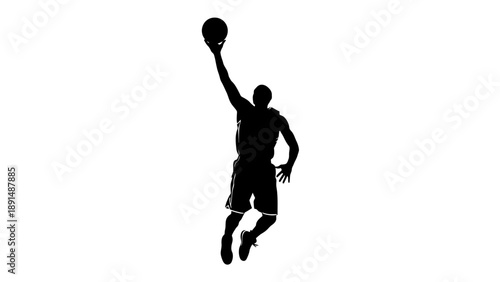 Silhouette of a basketball player jumping to dunk the ball.