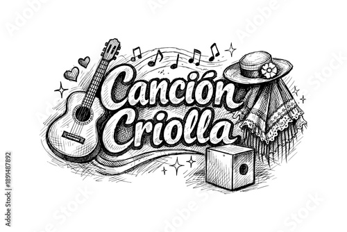 Festive criollo music celebration with guitar and traditional peru iconography