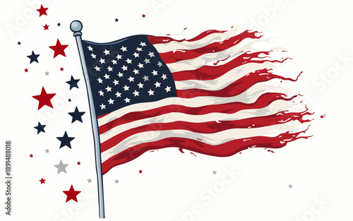 Vector design with decorative drawing of 
national flag of usa is fluttering in wind. 
Fashion t-shirt print. American pattern of stars 
and wavy stripes for textiles, fabric, clothing.