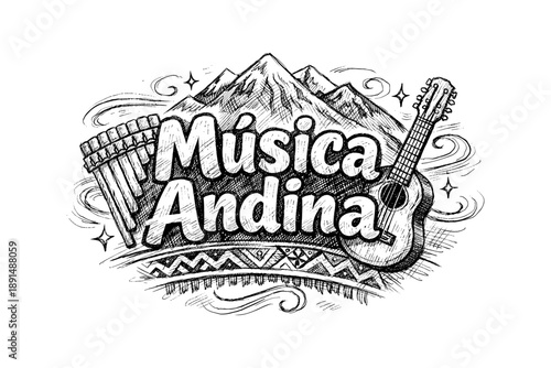Andean music art with mountains, guitar, and pan flute in sketch style