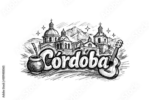 Córdoba sketch: mountains, architecture, and music in black and white ink art