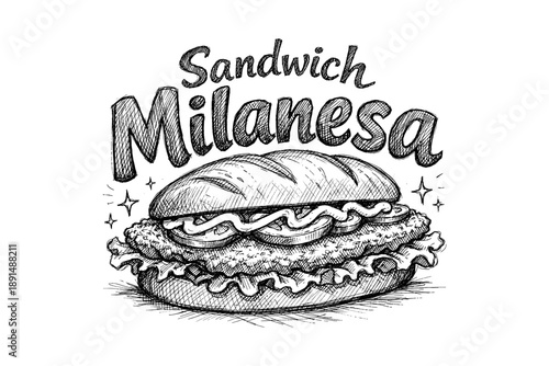 Classic milanesa sandwich in vintage hand drawn style with sparkling details