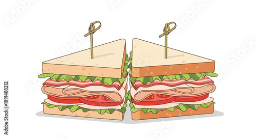 A vibrant illustration showcasing two halves of a delicious classic deli club sandwich featuring fresh ingredients layered neatly between toasted