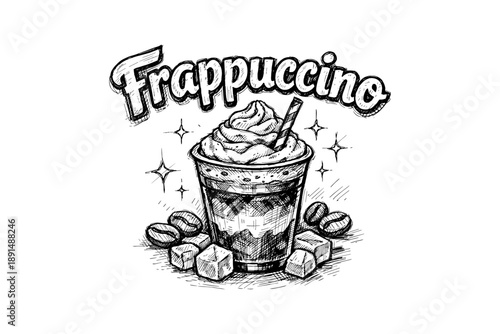 Hand drawn sketch of frappuccino with coffee beans and sugar cubes