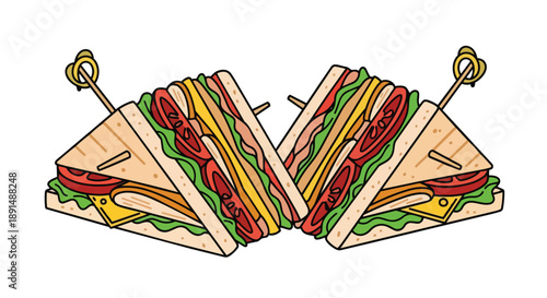 Vibrant illustration of two meticulously layered club sandwiches, each secured with a decorative toothpick, showcasing fresh ingredients and
