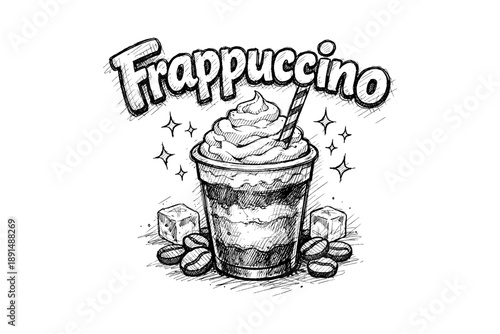 Hand-drawn frappuccino with ice cubes and coffee beans