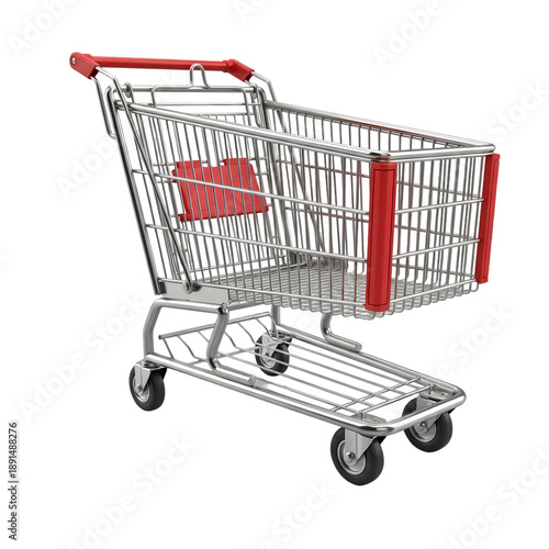 Modern metal shopping cart with red accents and four wheels for easy maneuverability in retail stores and supermarkets on transparent background