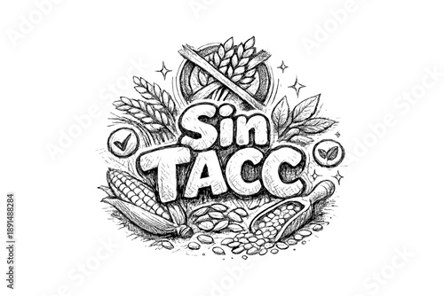 Hand drawn gluten free label with grains and seeds