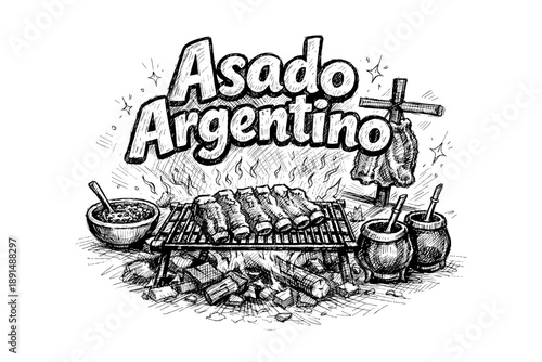 Argentine asado barbecue scene with traditional grill and chimichurri