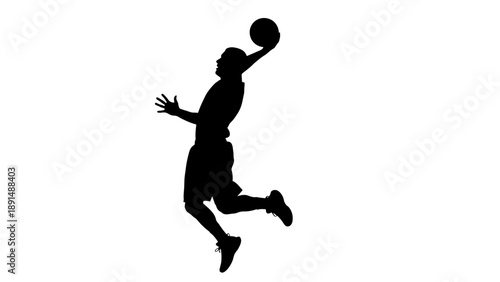 Silhouette of a basketball player jumping to dunk the ball.