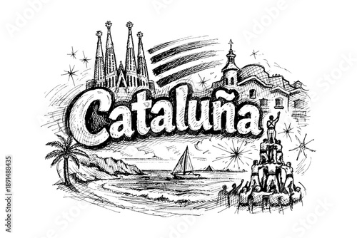 Cataluña sketch: iconic landmarks and scenic coastline in artistic black and white