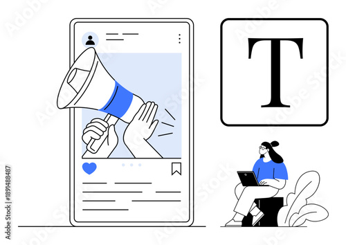 Digital marketing concept. Digital marketing with a megaphone, online posts, and technology tools. Digital marketing supports communication, content creation, and business growth. For advertising