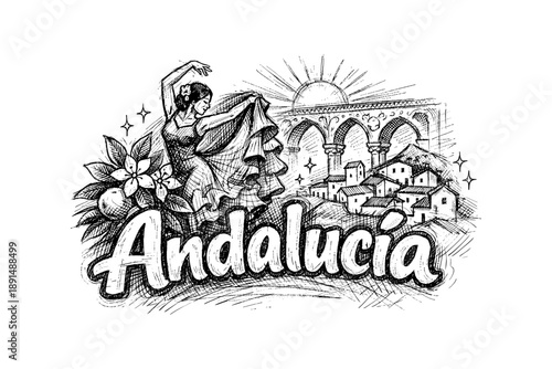 Hand-drawn andalusia: flamenco dancer, architecture, and landscape sketch