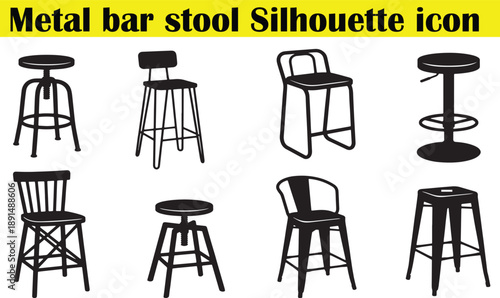 Metal seating collection silhouette icon set for home interior design industrial cafe furniture objects isolated on transparent background high stools vector