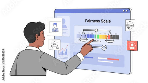 Man analyzing fairness scale on digital screen with interactive graphs and user icons visible