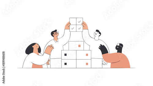 Four team members collaborating to build a block tower aligning work together in a flat vector illustration