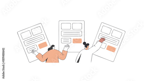 Three professionals reviewing and discussing website design mockups together in a meeting