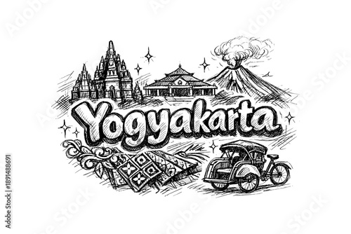 Yogyakarta doodle: cultural landmarks, batik patterns, and traditional transport