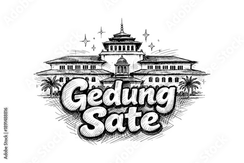 Historic gedung sate architectural sketch art with palm trees and sparkle accents