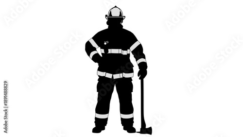 Silhouette of a firefighter standing with an axe.
