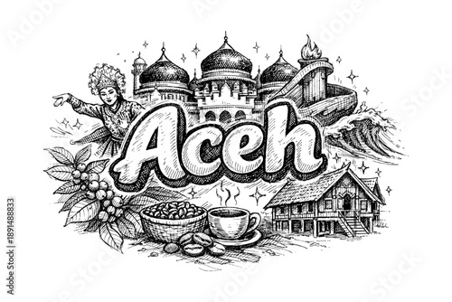 Aceh cultural landmarks: iconic heritage with traditional architecture and coffee culture in black and white artwork