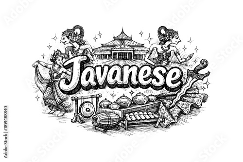 Intricate javanese culture: traditional dance, music, and architecture in detailed sketch