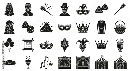 Silhouette Purim Symbols and Icons Celebration Jewish Holiday Design Elements Set