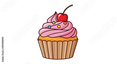 Delightful cartoon cupcake with pink frosting, vibrant sprinkles, and a juicy cherry on a white background