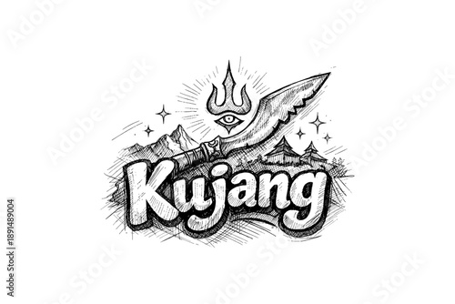 Kujang tribal design: hand drawn weapon icon with ornate elements and tribal patterns