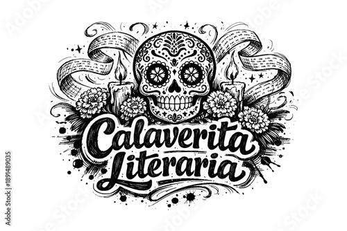 Hand-drawn calaverita literaria art with ornate skull, flowers, and candles