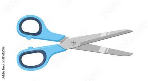 A cheerful blue-handled pair of scissors with gleaming silver blades, poised for various cutting and crafting endeavors on a clean white background,