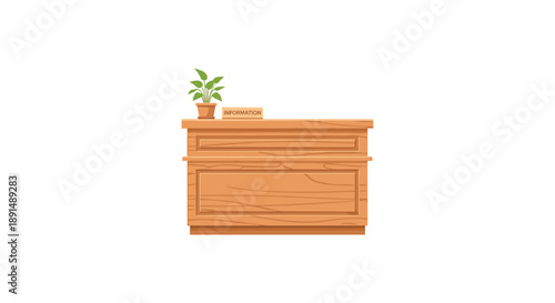 Classic Wooden Reception Desk with Information Sign and Green Potted Plant for Business Office Illustration
