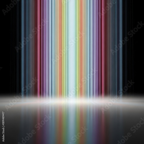 Rainbow spectrum of vertical beams emitting onto glossy surface, dark backdrop