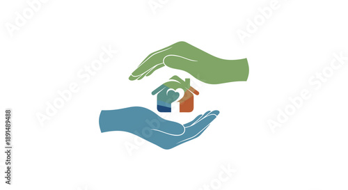 Hands Protect Home: Symbolizing Care Security and Support with a House Icon Centered