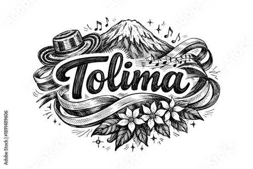 Tolima: hand drawn tribute with mountain, ribbon, and traditional elements